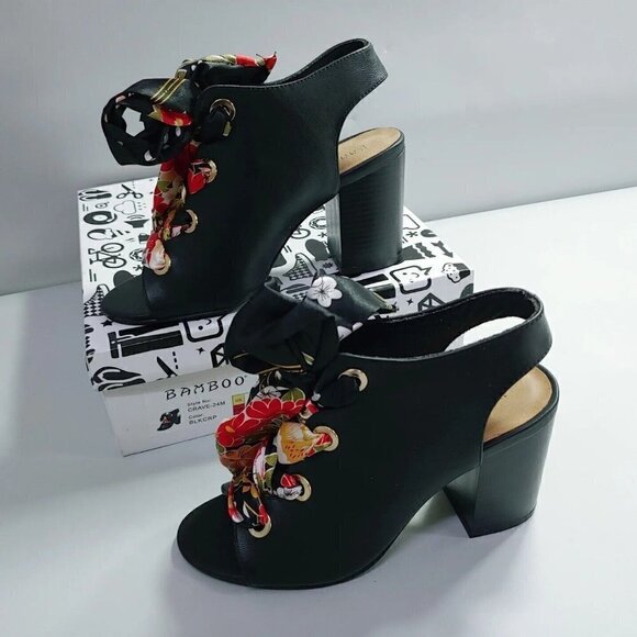 Bamboo Crave Black With Satin RIBBON Tie Block Heels Pretty Sandals Size 5.5 - Picture 5 of 10